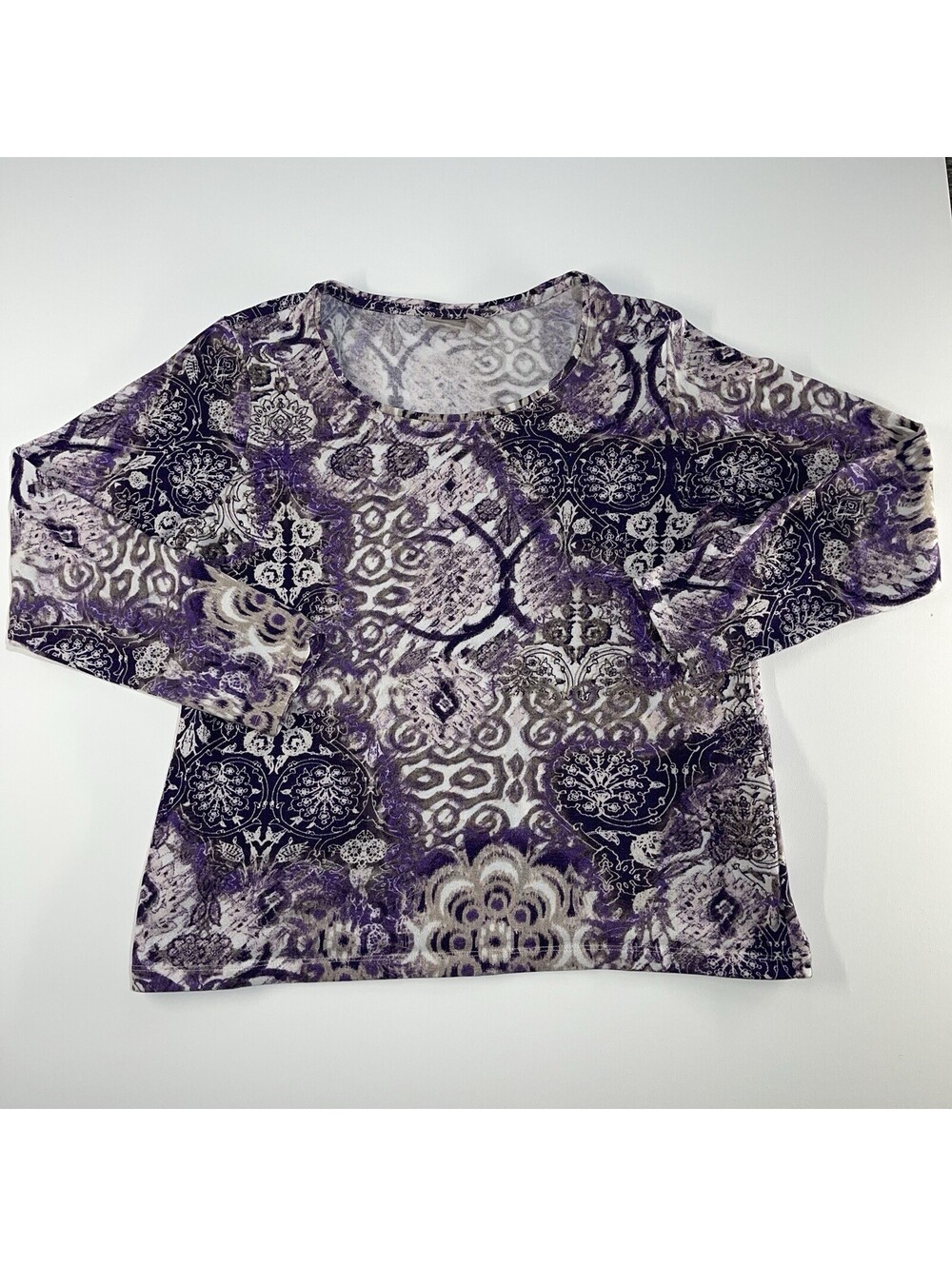 CHICO'S Shirt Sz 2 Large Womens Purple Boat Neck Top 3/4 Sleeve Floral Abstract